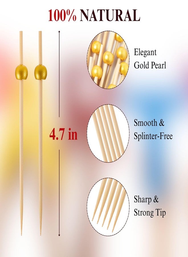 CATIFLIN 300PCS Gold Pearl Cocktail Picks, 4.7" Bamboo Toothpicks for Appetizers, Fancy Food Sticks for Party, Wedding, Charcuterie, Fruit, Dessert, Drinks, Buffet Decor - Image 3